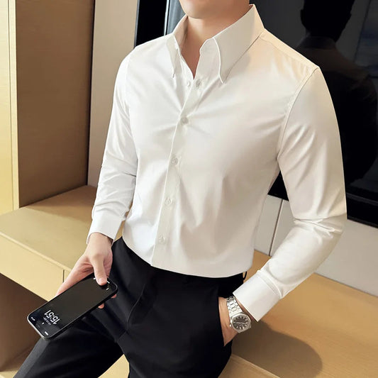 High Quality Versatile Business Casual Shirt Men Korean Fashion Long Sleeved Slim Fit Shirt Office Work Uniform Men Clothing 6XL Good Vibrations