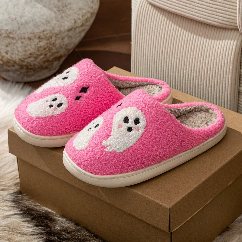 Halloween Slippers Women's Winter Pink Cute Ghost Indoor Cartoon Comfort Home Bedroom Soft Causal Flat Plush Shoes for Gift Good Vibrations