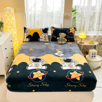 Queen Double Size Bed Sheet Polyester Elastic Fitted Sheet Velvet Soft Flannel Warm Mattress Cover King Full Twin Size Winter