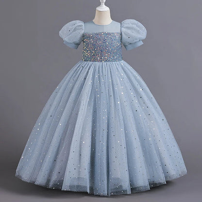 8903 Children's Dress Girls' Princess Sequin Bubble Sleeve Long Mesh Flower Little Girl Wedding For Summer Good Vibrations