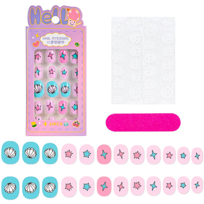 24Pcs/box Kids nails for Girl Cartoon Pattern False Nail Cute Child Fake Nails Tips Kawaii Acrylic Artificial Press on Nail+Tool Good Vibrations
