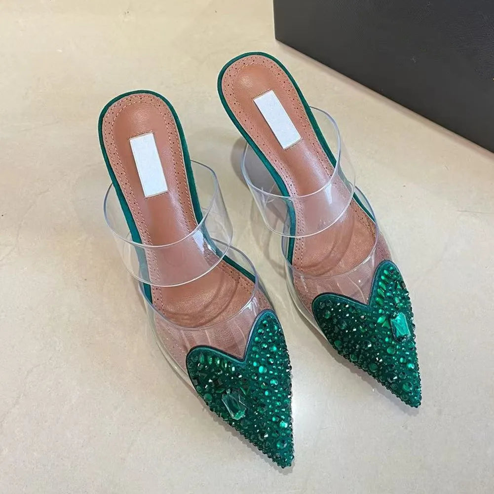 High heeled shoes for women, 2026 new style, half toe slippers for women, pointed thin heels, sexy rhinestones, and air cooling Good Vibrations
