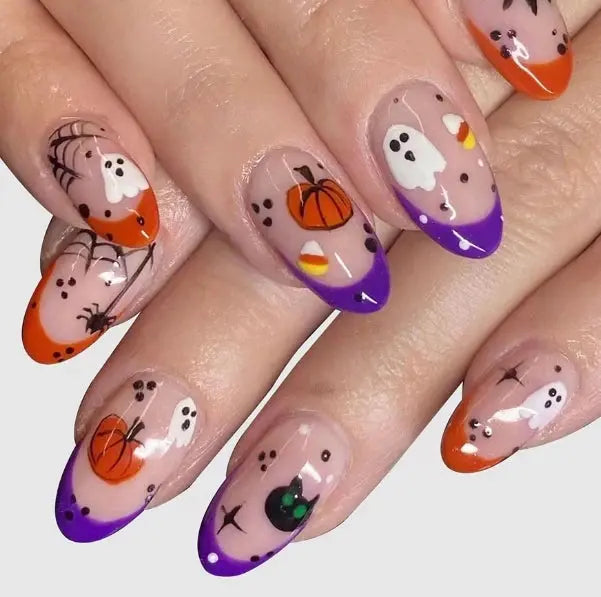 24Pcs/set Almond Halloween Press on Nails Black Bat Fake Nail Moon and Stars Pattern Removable Wearable Nails for Women&Girl Good Vibrations