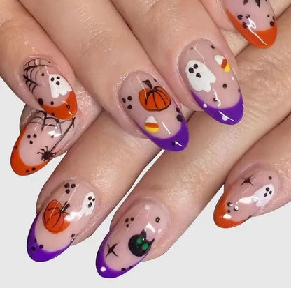 24Pcs/set Almond Halloween Press on Nails Black Bat Fake Nail Moon and Stars Pattern Removable Wearable Nails for Women&Girl Good Vibrations