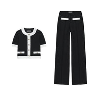 Women's Faion Set Casual Sle round Ne ort Sve Coat And High Waist Pants Elastic Waist Color Blo Pearl Woolen Jaet Good Vibrations