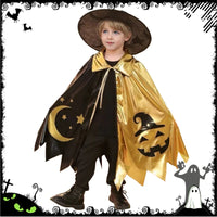 Halloween Witch Cosplay Costume for Kids Gold Black Color Block Cape with Hat Pumpkin Moon Print Cloak Outfit Party Dress Up Good Vibrations