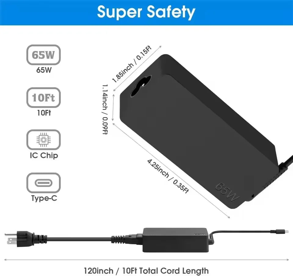 Laptop Charger Adapter Type C Power Adapter 65W 20V 3.25A USB C for Lenovo ThinkPad Hp Chromebook Yoga Huawei Xiaomi ASUS ﻿ Good Vibrations