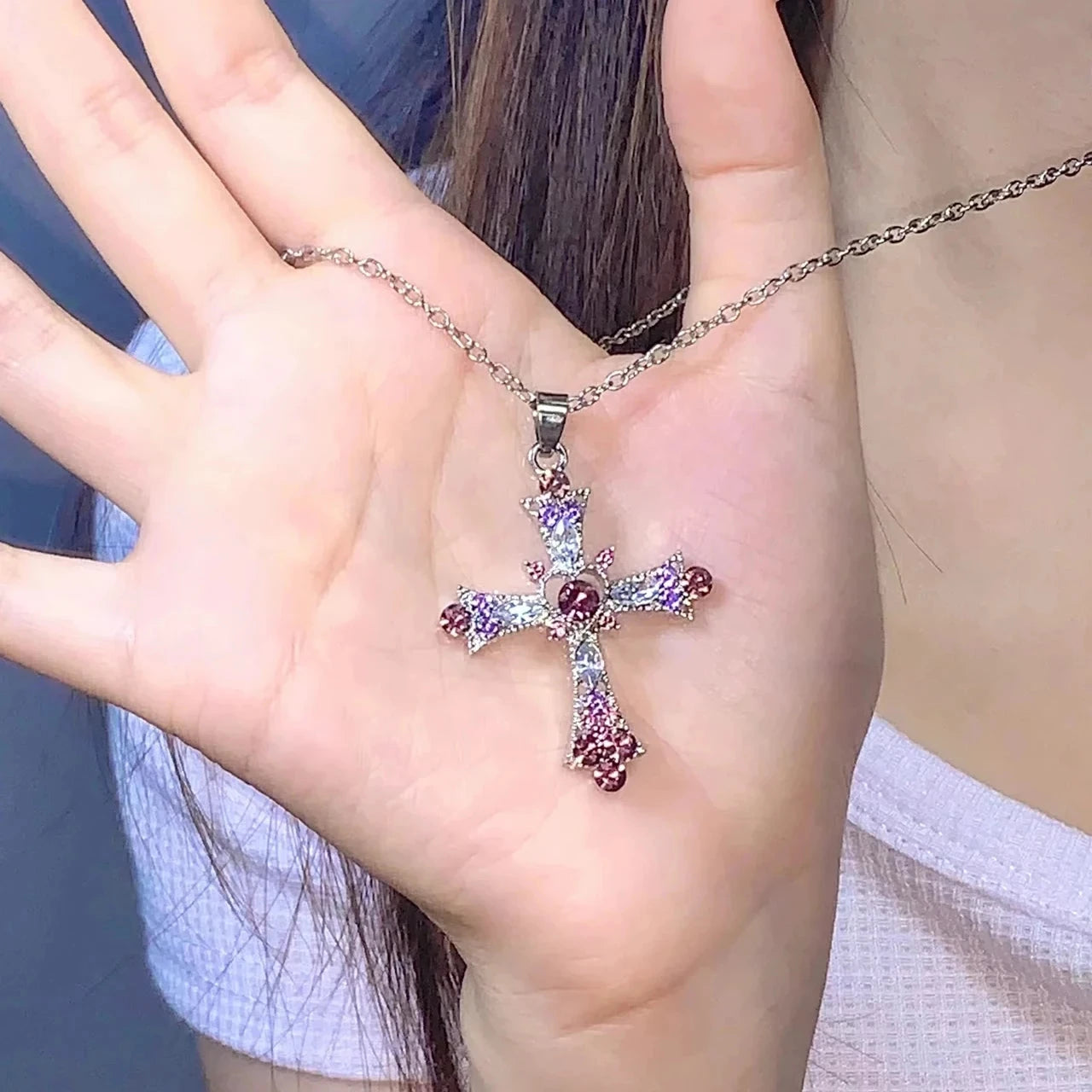 Crystal Cross Pendant Necklace for Women Girls Shiny Sweet Chain Punk Party Fashion Pendant Fashion Y2K Jewelry Accessories Good Vibrations