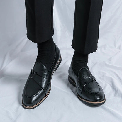 Black Loafers for Men Fashion Stone Pattern Men's Formal Monk Shoes Business Handmade Leather Men's Social Shoes Driving Shoes Good Vibrations