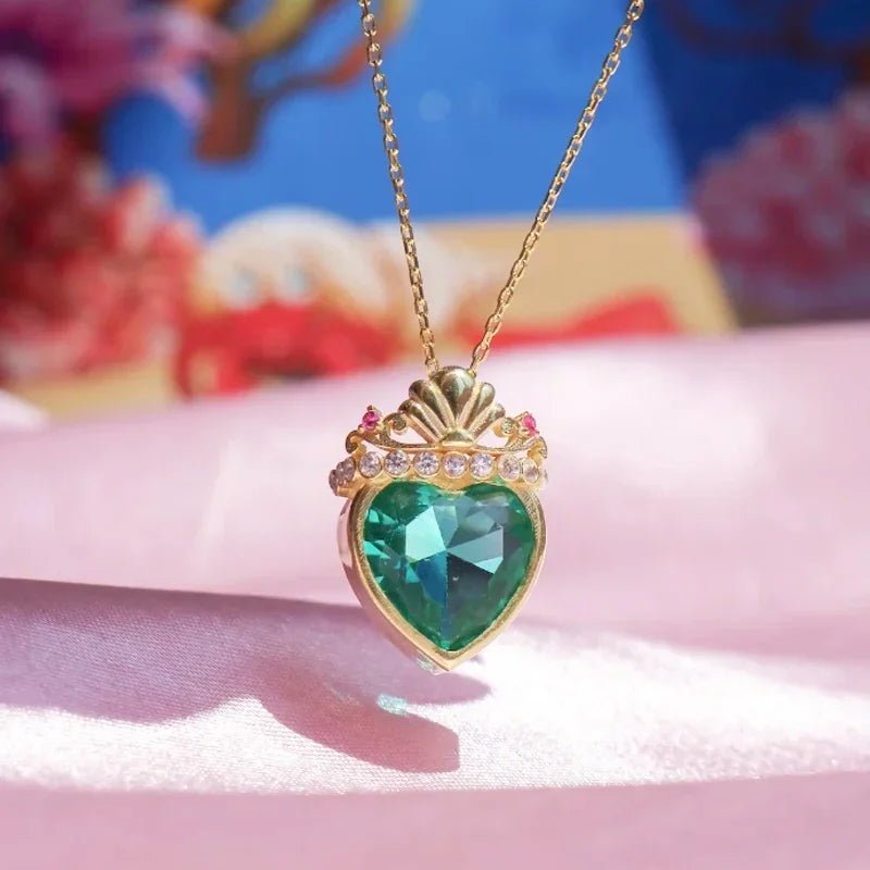 Ariel Crown Charm Necklace Women Girls Fashion Wedding Geek Party Jewelry Green Heart Shell Princess Crown Necklace Gift For Her Good Vibrations