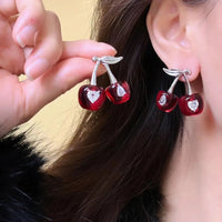 Exquisite Heart Cherry Jewelry Set Pendant Vintage Cherry Necklace Chic Elegant Crystal Ear Studs Gift Good Vibrations
