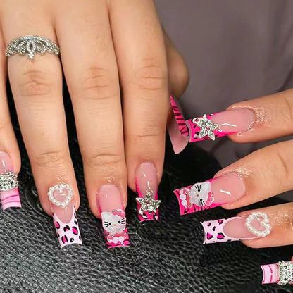 Pink French Fake Nails 3D Pink Hello Kitty, Aurora Bow, Pearl Design False Nail Medium Coffin Shaped Full Cover Press On Nails Good Vibrations