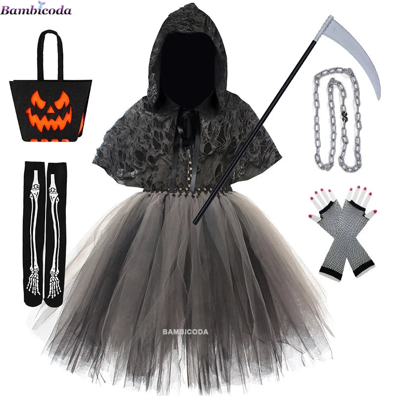 Halloween Grim Dresses Horror Death Cosplay Black Cloak Costume kids Girls Party Clothes Halloween Dress Demon Ghosts Costume Good Vibrations