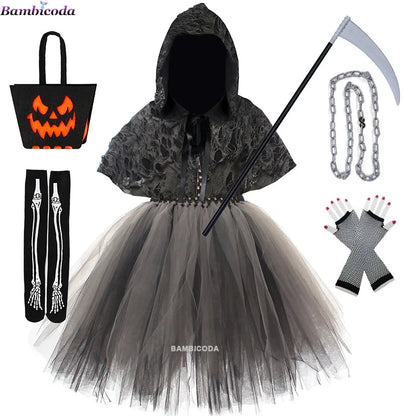 Halloween Grim Dresses Horror Death Cosplay Black Cloak Costume kids Girls Party Clothes Halloween Dress Demon Ghosts Costume Good Vibrations