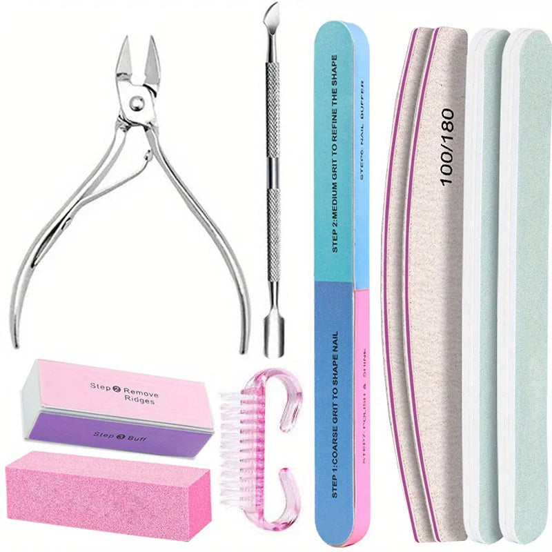 10Pcs/lot Nail Art 100/180 Grit Professional Files Buffer Sponge Block Brush Nail Scissors Kit With Cuticle Nipper Pushers Good Vibrations