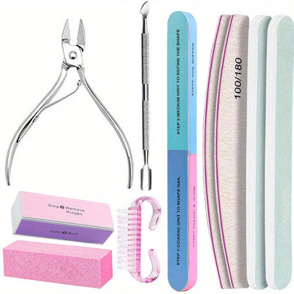 10Pcs/lot Nail Art 100/180 Grit Professional Files Buffer Sponge Block Brush Nail Scissors Kit With Cuticle Nipper Pushers Good Vibrations