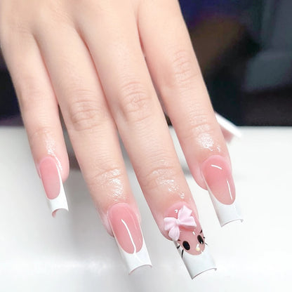 Rose Pink Long Coffin Fake Nails French Style Leopard Star Printed Press on Nails Y2K Girls Charms Manicure Black False Nails Good Vibrations
