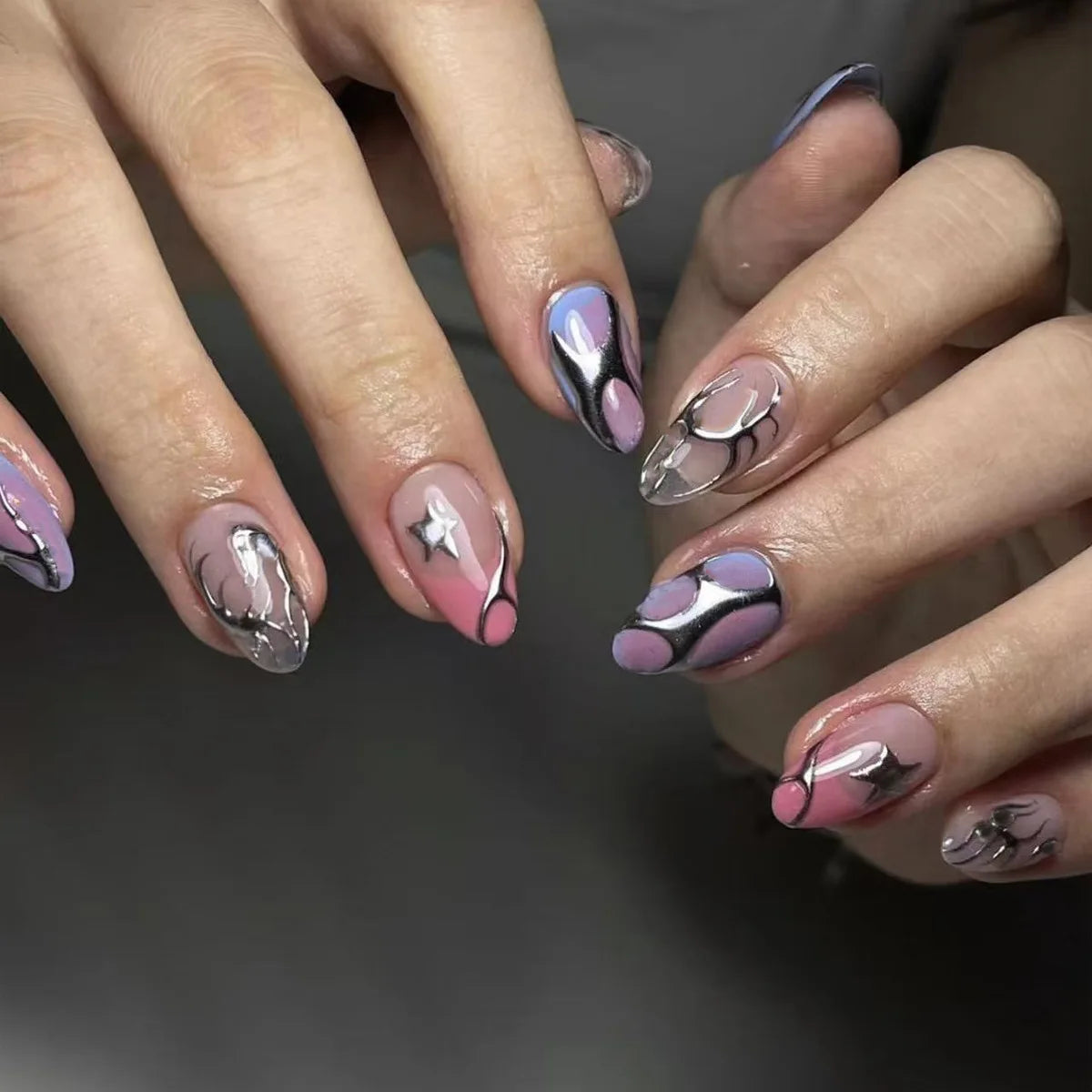 24Pcs False Nails Spicy Girl Silver Bow with Diamond Fake Nails with Glue Almond Press on Nails Black Cool Y2k Almond Nail Set Good Vibrations