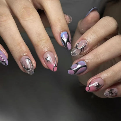 24Pcs False Nails Spicy Girl Silver Bow with Diamond Fake Nails with Glue Almond Press on Nails Black Cool Y2k Almond Nail Set Good Vibrations