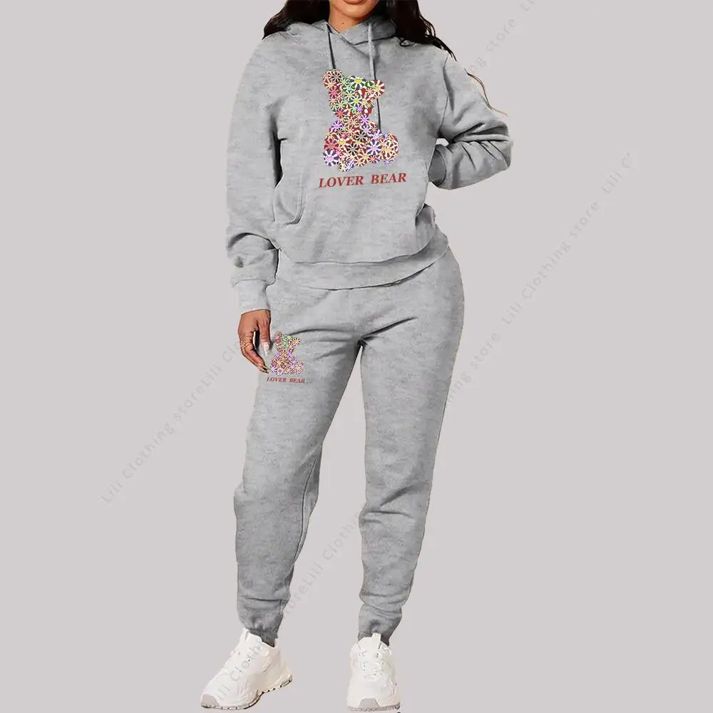 Women's Sets Hoodies Pants Outfits Suit 2025 New Sportswear Sweatsuit Bear Graphic Letter Print Aesthetic Trend Ladies Tracksuit Good Vibrations
