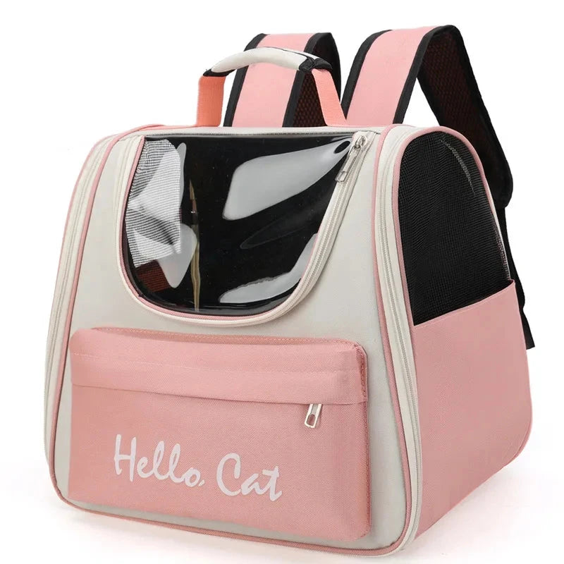 Pet Carrier Backpack with "Hello Cat" Lettering and Transparent Window Breathable Pocket Comfortable Cat & Dog Travel Backpack Good Vibrations