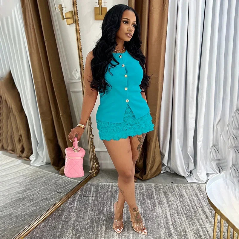 Elegant Club Outfits for Women Two Piece Set Spring Summer Sleeveless Single-breasted Top and Floral Mini Skirt Matching Sets Good Vibrations