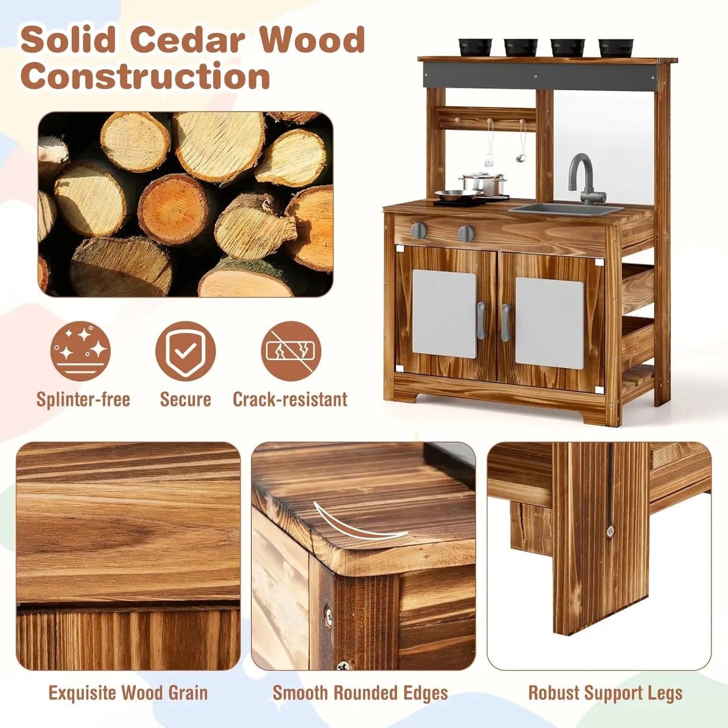 Mud Kitchen, Cedar Wood Outdoor Play Kitchen for Toddlers, Acrylic Board, Removable Sink, 4 Planting Cups, Kitchen Accessories, Good Vibrations