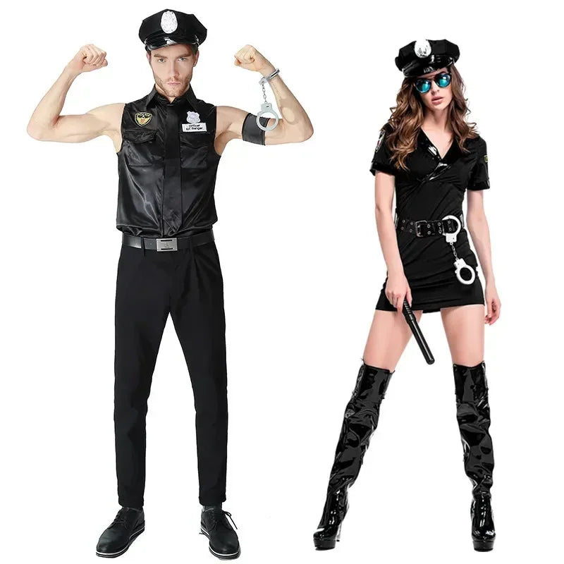 Couples Adult Police Officer Policeman Costumes Cosplay for Men Women Halloween Masquerade New Year Fantasia Dress Good Vibrations