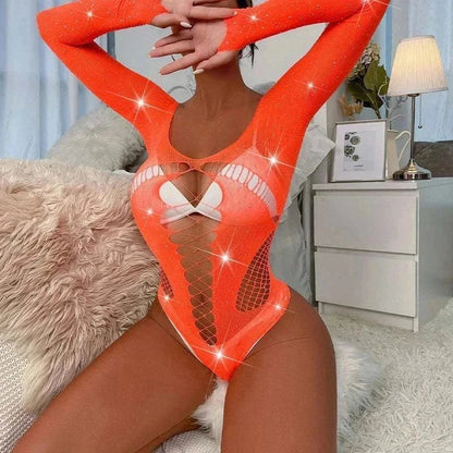 Women sexy rhinestone bodysuit with long sleeves, fishnet mesh, and hollow design.