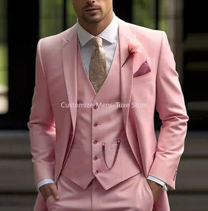 New Beige Suit Men Business Tuxedos Formal 3 Piece Set Jacket Vest Pants Single Breasted Groom Groomsman Prom Wedding Party Good Vibrations