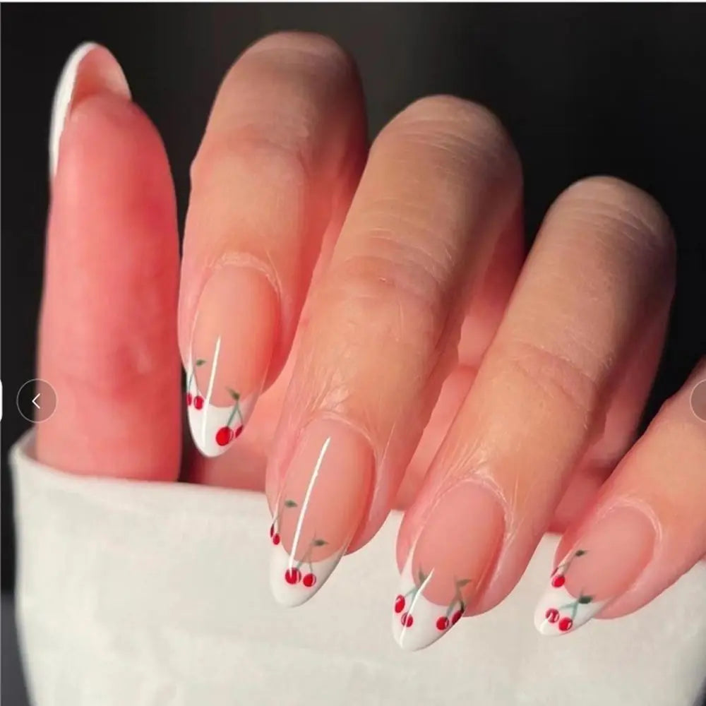 24Pcs Detachable Acrylic False Nails Press On Nail Cute Cherry French Almond Wearable Artificial Fake Nails Full Cover Nail Tips Good Vibrations
