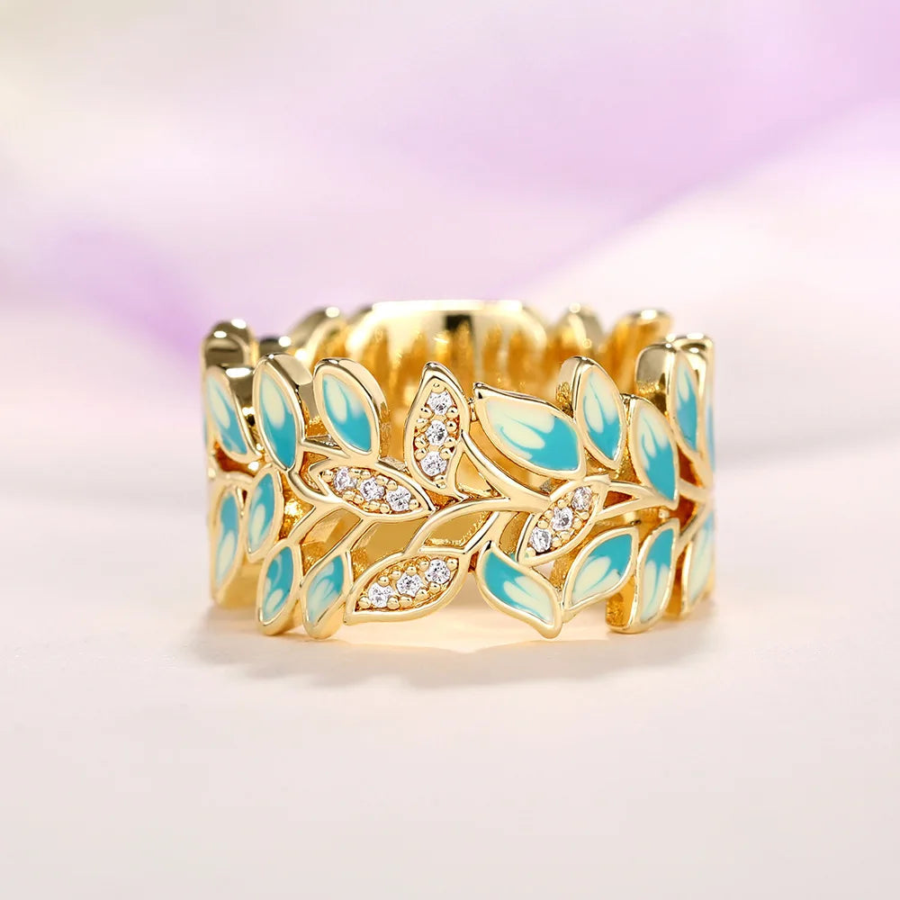Green Leaf Enamel Handmade Oil Dropping Women's Ring Charm High Luxury Westernized  Prom Fancy Birthday Gift Fashion Jewelry Good Vibrations
