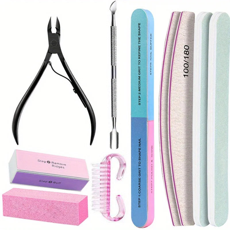 10Pcs/lot Nail Art 100/180 Grit Professional Files Buffer Sponge Block Brush Nail Scissors Kit With Cuticle Nipper Pushers Good Vibrations