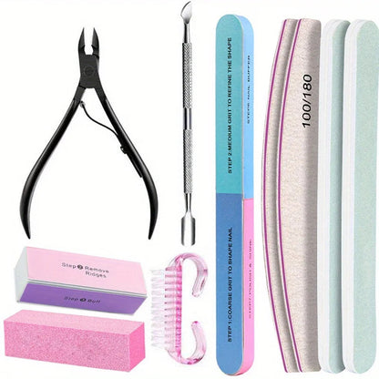 10Pcs/lot Nail Art 100/180 Grit Professional Files Buffer Sponge Block Brush Nail Scissors Kit With Cuticle Nipper Pushers Good Vibrations