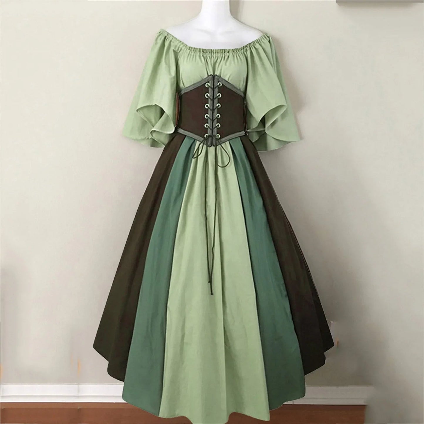 Halloween Costumes for Women Medieval Retro Contrasting Color Slim Swing Dress One-word Shoulder Dress Love Live Cosplay Good Vibrations