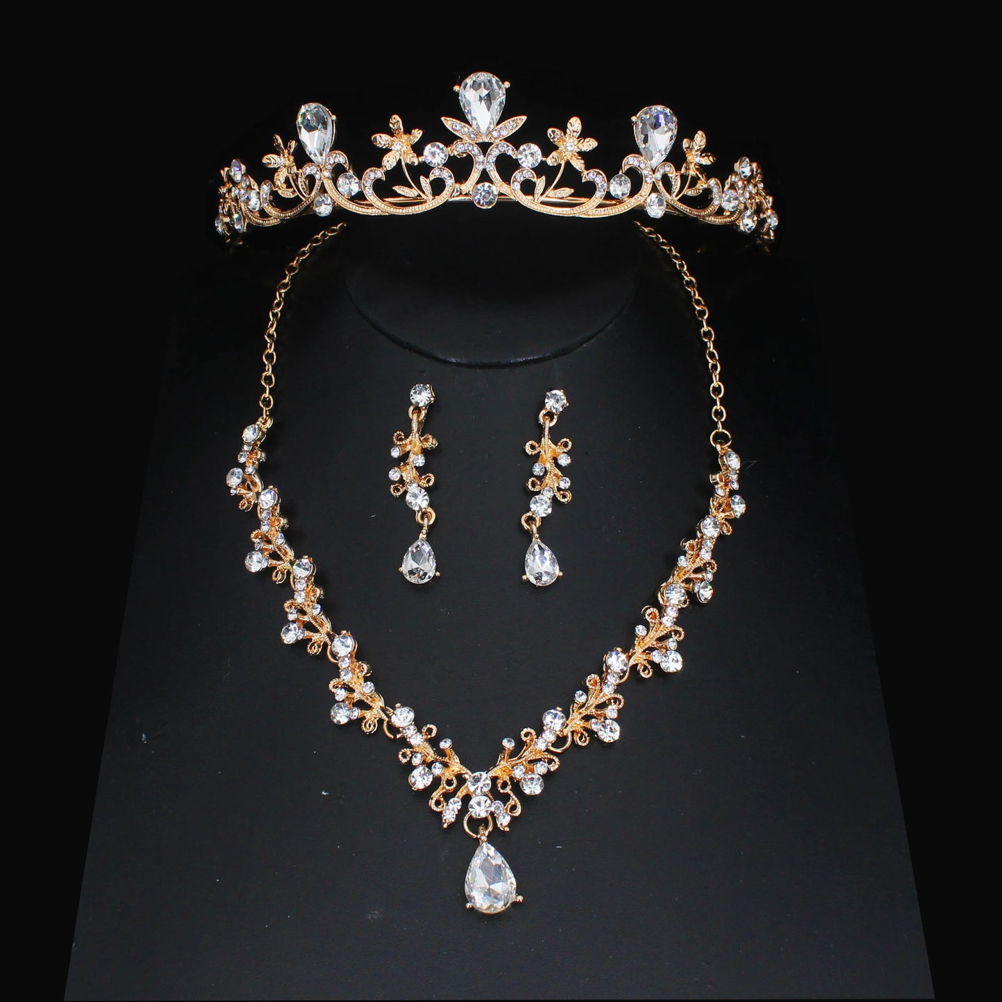 Luxury Crystal Wedding Bridal Jewelry Sets Women/Girl Gold Color Tiara/Crown Earrings Choker Necklace Bride Jewelry Set Good Vibrations Adult Super Store