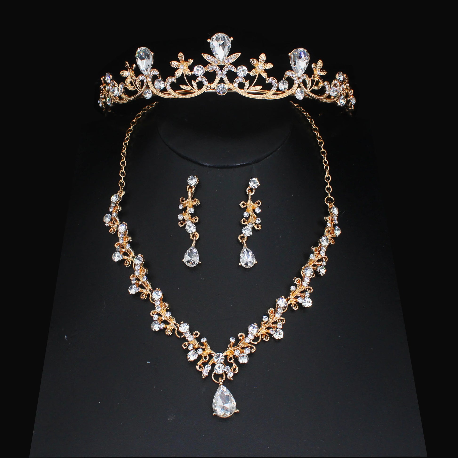 Luxury Crystal Wedding Bridal Jewelry Sets Women/Girl Gold Color Tiara/Crown Earrings Choker Necklace Bride Jewelry Set Good Vibrations Adult Super Store