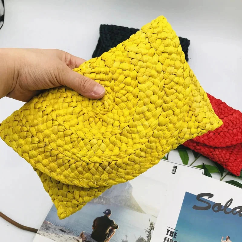 Corn Husk Weave Dinner Clutch Bag Women's Fashion Simple Solid Straw Large Purse Woman Summer Casual Vacation Ladies Wallet 2025 Good Vibrations