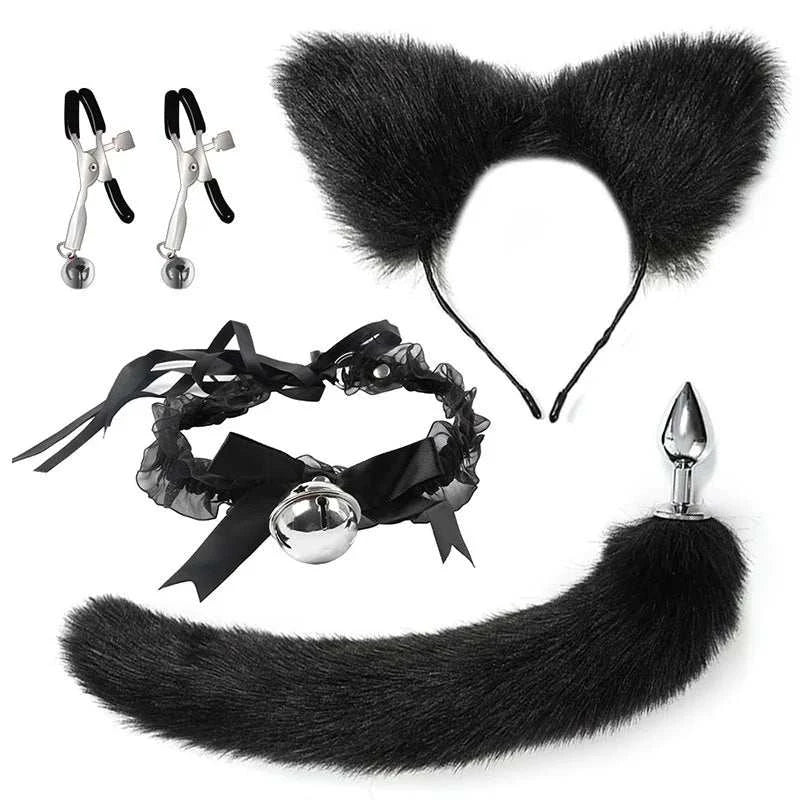 VaHppy SM BDSM Sex Toy Sets role-playing Fox 5pcs/lot Plush Anal Plug Tail Bell Collar Mouth Plugs White/Black/Pink Couple games GOOD Vibrations