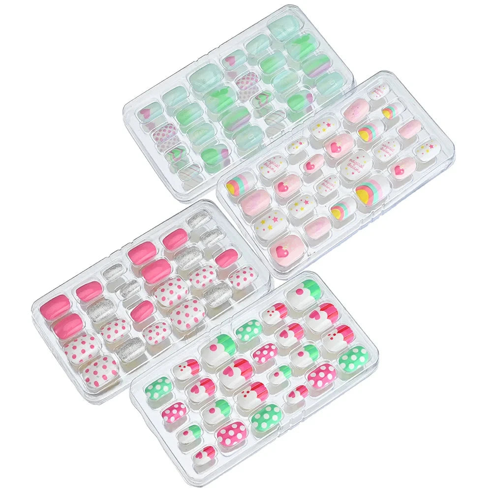 24 Pcs/box Children Cartoon Nail Tips Colorful Artificial Fake Nails for Cute Kids Girls Full Cover Short False Nail Art Kits* Good Vibrations