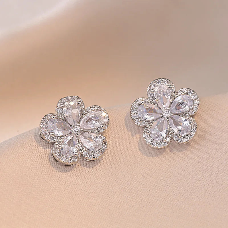 Charm Cherry Flower Stud Earrings and Pendant Clavicle Necklaces For Women Stainless Steel Jewelry Sets White Zircon Choker Gift Good Vibrations