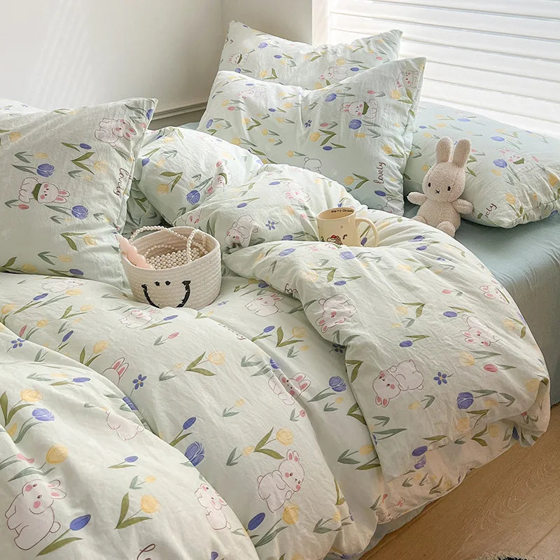 Ins Simple Flower Bed LinenTwin Full Queen King Size Bed Sheets Set  Adults Kids Floral Bed Comforter Sets Bed Duvets Kawaii Good Vibrations