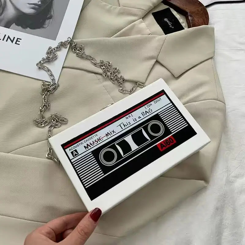 Women Shoulder Bag New Tape Recorder Women's Bags Cute Funny Cartoon PU Leather Chain Crossbody Bag Female Day Clutches Bag C172 Good Vibrations