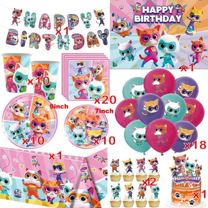 Cartoon Superkitties Birthday Party Decorations Balloons Disposable Tableware Set Paper Plates Banner for Baby Shower Kids Gifts Good Vibrations