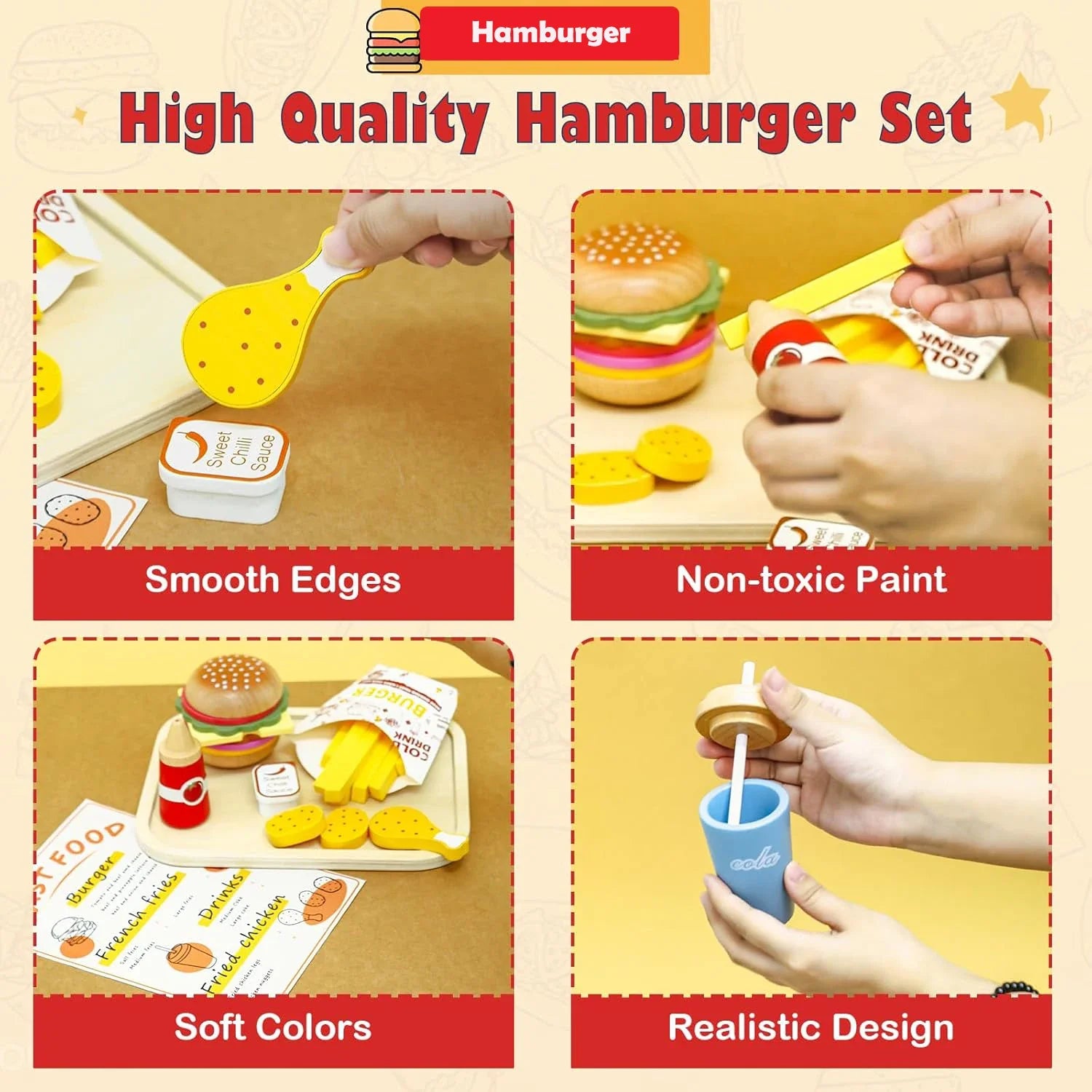 Wooden Play Food Toy Pretend Play Kitchen Accessories Fast Food Hamburger Set Early Educational Montessori Toys For Kids Gifts Good Vibrations