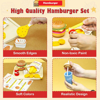 Wooden Play Food Toy Pretend Play Kitchen Accessories Fast Food Hamburger Set Early Educational Montessori Toys For Kids Gifts Good Vibrations