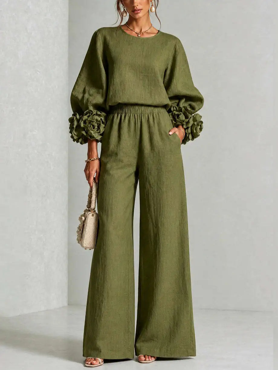 Women 2 Piece Outfit O Neck Puff Long Sleeve Top 3D Floral + Elastic Waist Wide Leg Pants Set Autumn Elegant Casual Office Suit Good Vibrations