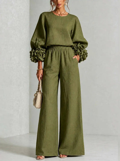 Women 2 Piece Outfit O Neck Puff Long Sleeve Top 3D Floral + Elastic Waist Wide Leg Pants Set Autumn Elegant Casual Office Suit Good Vibrations