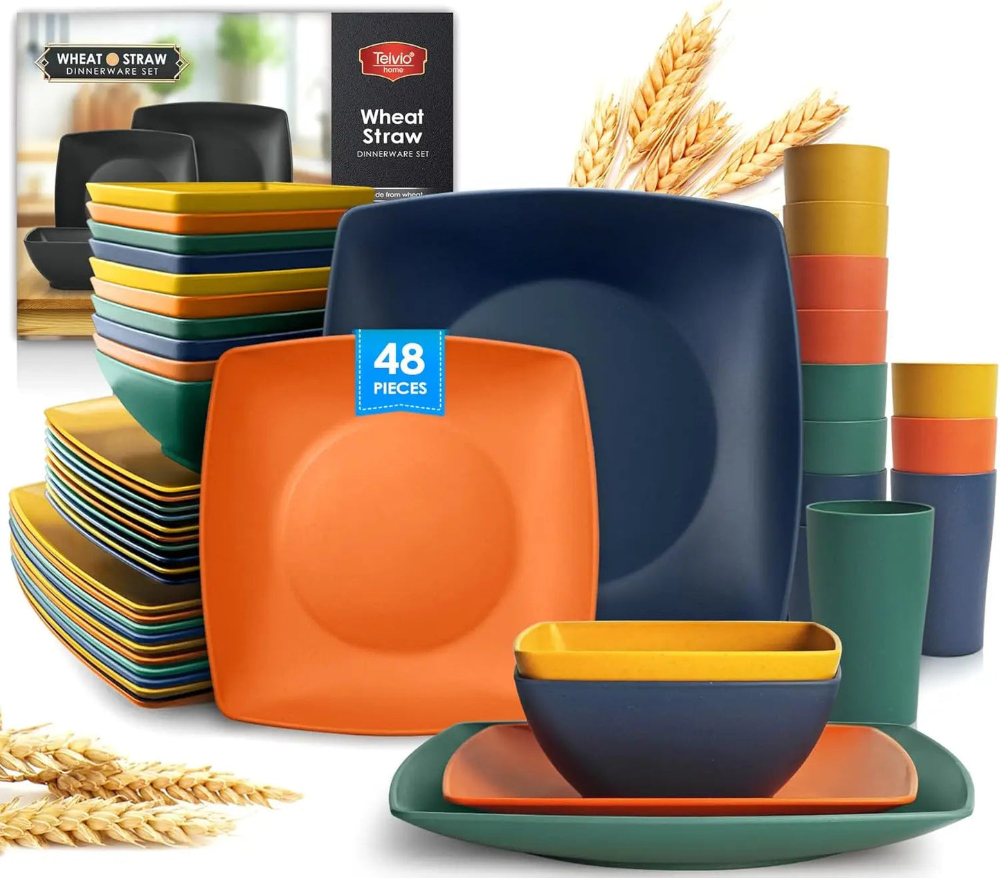 48-piece Kitchen Plastic Wheat Straw Square Dinnerware Set for 12, Unbreakable Dinner Plates, Salad Plates, Snack Bowls, Tumbler Good Vibrations