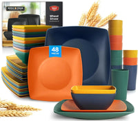 48-piece Kitchen Plastic Wheat Straw Square Dinnerware Set for 12, Unbreakable Dinner Plates, Salad Plates, Snack Bowls, Tumbler Good Vibrations